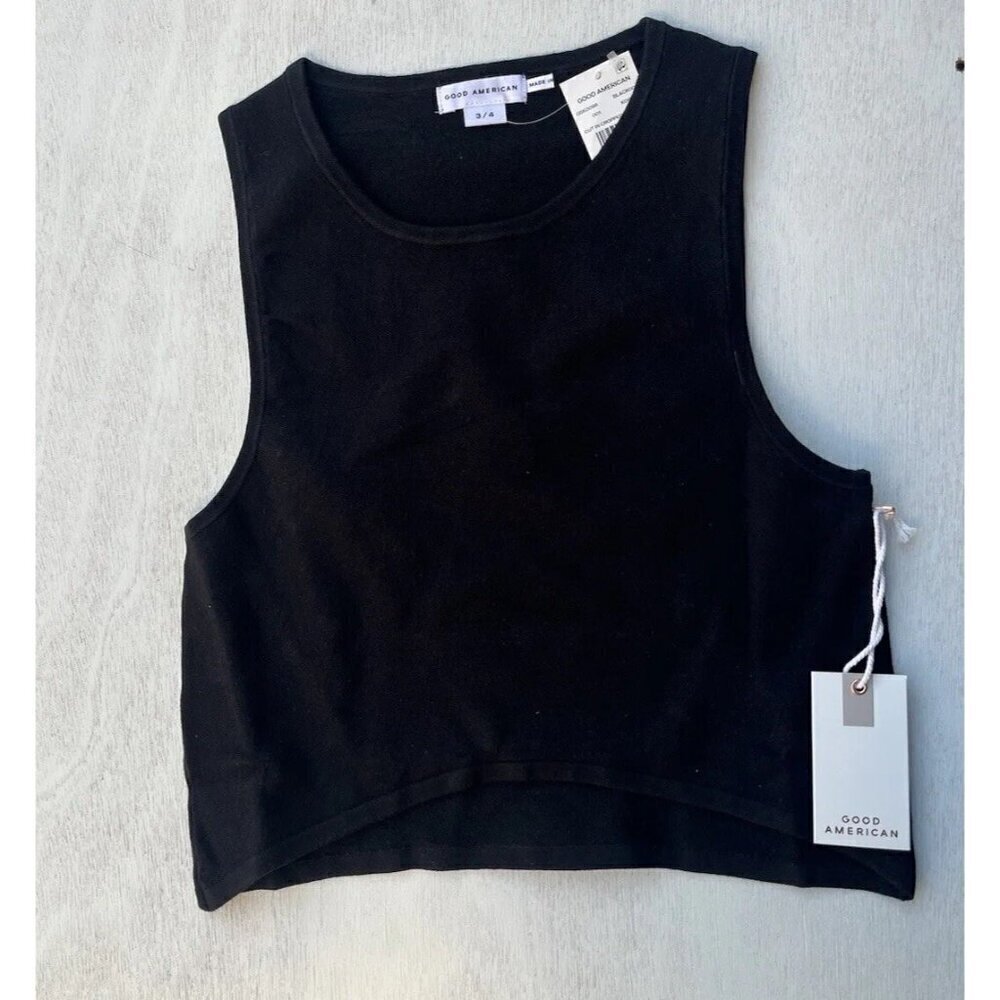 Good American Black Knit Cut In Cropped Pullover Sweater Size 3/4 - Picture 9 of 9